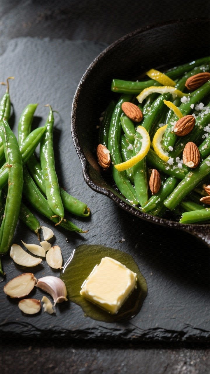 Overhead ingredient-to-finish sequence on a dark slate: bright green blanched green beans, thinly sliced garlic, sliced almonds, and pats of unsalted butter with a small pool of olive oil; to the side, a finished dish in a skillet—green beans glistening in garlic butter, toasted almonds scattered, lemon zest ribbons on top, a pinch of kosher salt; crisp, fresh, and glossy look with directional light highlighting textures.