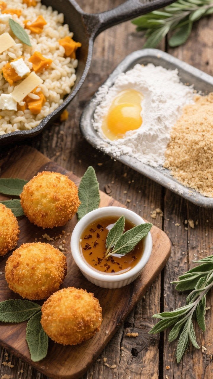 10 Halloween Appetizers for Party Adults That Bring Spooky-chic Flavor 7 Overhead ingredient-to-fry scene for Pumpkin Patch Arancini: chilled risotto mixed with canned pumpkin puree, mozzarella/fontina and Parmesan, shaped into round balls; a station showing flour, beaten egg, and breadcrumbs ready for breading; a few finished arancini golden-fried, with a ramekin of brown butter sage dip (flecks of toasted sage visible), set on a rustic wooden surface with scattered fresh sage leaves.