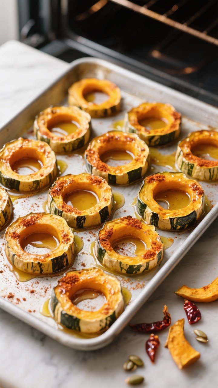 Overhead ingredient-to-oven scene of maple-chile roasted delicata squash rings: 1/2-inch rings arranged in neat rows on a baking sheet, basted with olive oil and pure maple syrup, dusted with smoked paprika and a touch of cayenne; seeds and ends off to the side, warm honeyed hues, pre-roast shine, minimalist styling.