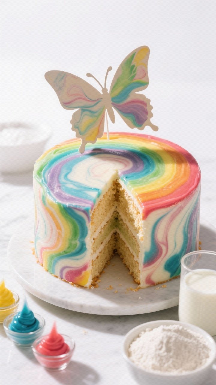13 Creative Butterfly Cake Ideas to Spark Your Baking Passion 4 Overhead marble effect hero shot: a rainbow marble butterfly cake on a turntable, vibrant gel-colored swirls in cross-section of the slice; butterfly silhouette cutouts perched on top from marbled offcuts to form “wings,” light vanilla crumb; show bowls of gel food colors, cake flour, and whole milk nearby; bright studio lighting, clean white background.