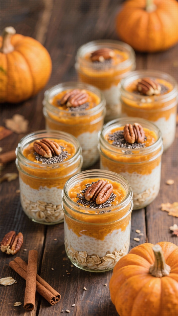 Overhead mason jar lineup of pumpkin patch overnight oats: layers of rolled oats mixed with milk, pumpkin purée, maple syrup, vanilla, pumpkin pie spice, pinch of salt, and chia seeds; topped with pecans and a sprinkle of extra spice, tiny pumpkin props for mood, warm fall tones on a wooden table.