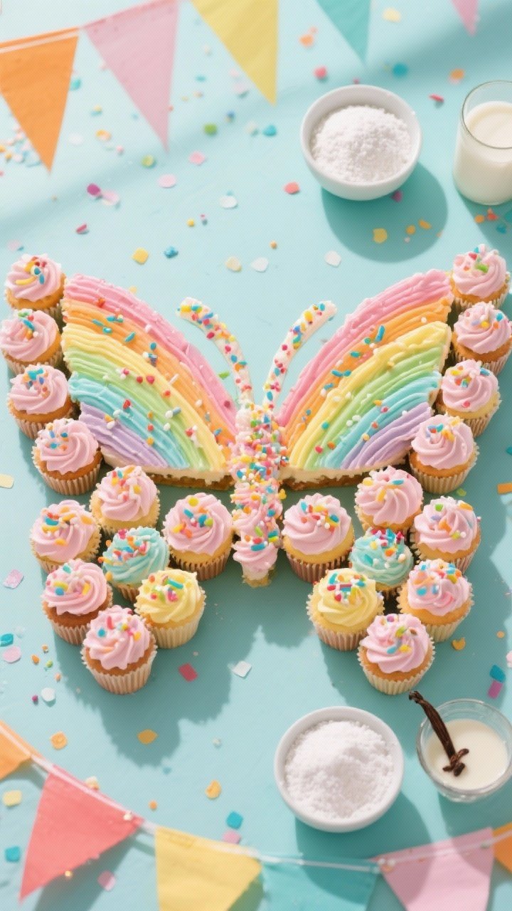 13 Creative Butterfly Cake Ideas to Spark Your Baking Passion 13 Overhead party scene of a funfetti butterfly pull-apart cupcake cake: 24 cupcakes arranged in a butterfly shape, piped frosting in pastel gradients with gel-tinted colors, rainbow sprinkles, and defined wing edges; small bowls of powdered sugar, vanilla, and milk for frosting in frame; bright, festive lighting with confetti sprinkles scattered.