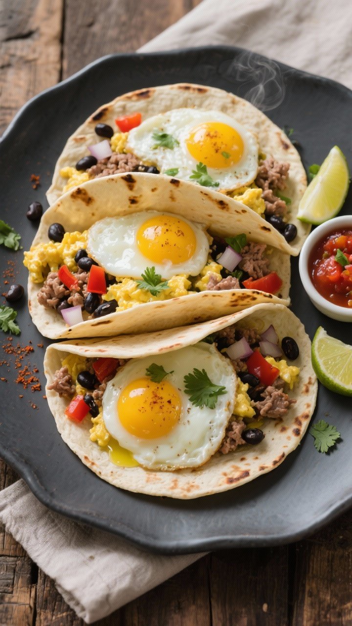 Overhead plated shot: Warm breakfast tacos on a matte charcoal plate, filled with a power scramble of 4 large eggs, fluffy egg whites, and 93% lean ground turkey, speckled with black beans, diced onion, and red bell pepper; lightly glossed with 1 tsp olive oil, finished with a sprinkle of chili powder/cumin blend and fresh cilantro. Soft corn tortillas slightly charred, lime wedges and a tiny ramekin of salsa on the side, styled on a rustic wooden table with a neutral linen; vibrant yolky yellows, deep bean blacks, and red pepper pops, crisp textures and steam subtly visible.