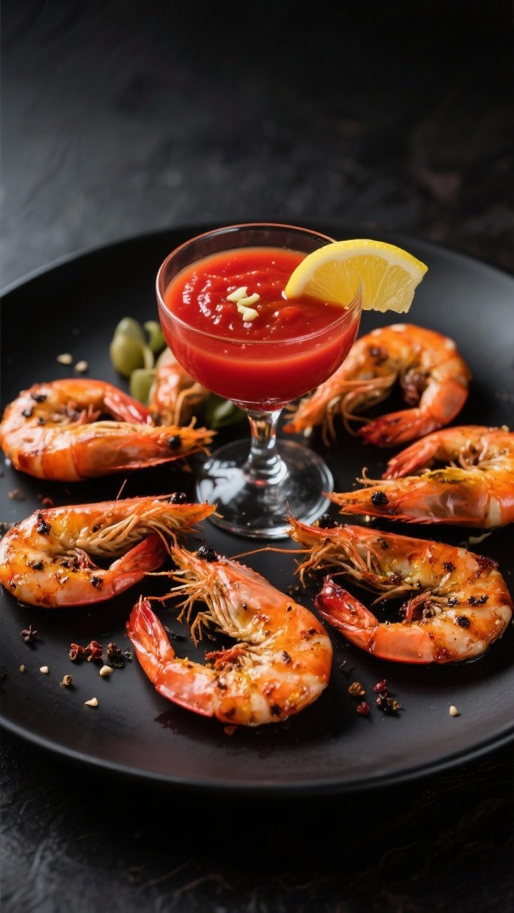 10 Halloween Appetizers for Party Adults That Bring Spooky-chic Flavor 4 Overhead plating of Vampire-Proof Shrimp with Bloody Mary Cocktail Sauce: Old Bay–seasoned shrimp roasted with olive oil, black pepper, and kosher salt, tails on and slightly caramelized; arranged around a coupe glass of thick tomato juice–based cocktail sauce with horseradish, lemon, and spice cues, a lemon wedge on the rim; icy-black plateware, crisp highlights, and red sauce gleam to evoke a “bloody” theme.