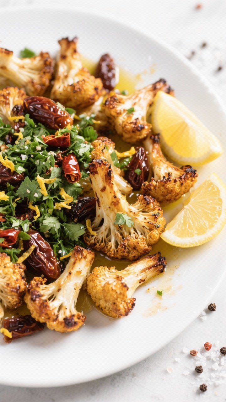 Overhead platter of roasted cauliflower florets with date-chile gremolata: caramelized, browned cauliflower clustered on a white platter; vibrant gremolata of chopped fresh parsley, finely chopped dates, lemon zest, and a touch of chile scattered over; olive oil glisten, kosher salt and pepper visible, fresh lemon wedge at side.