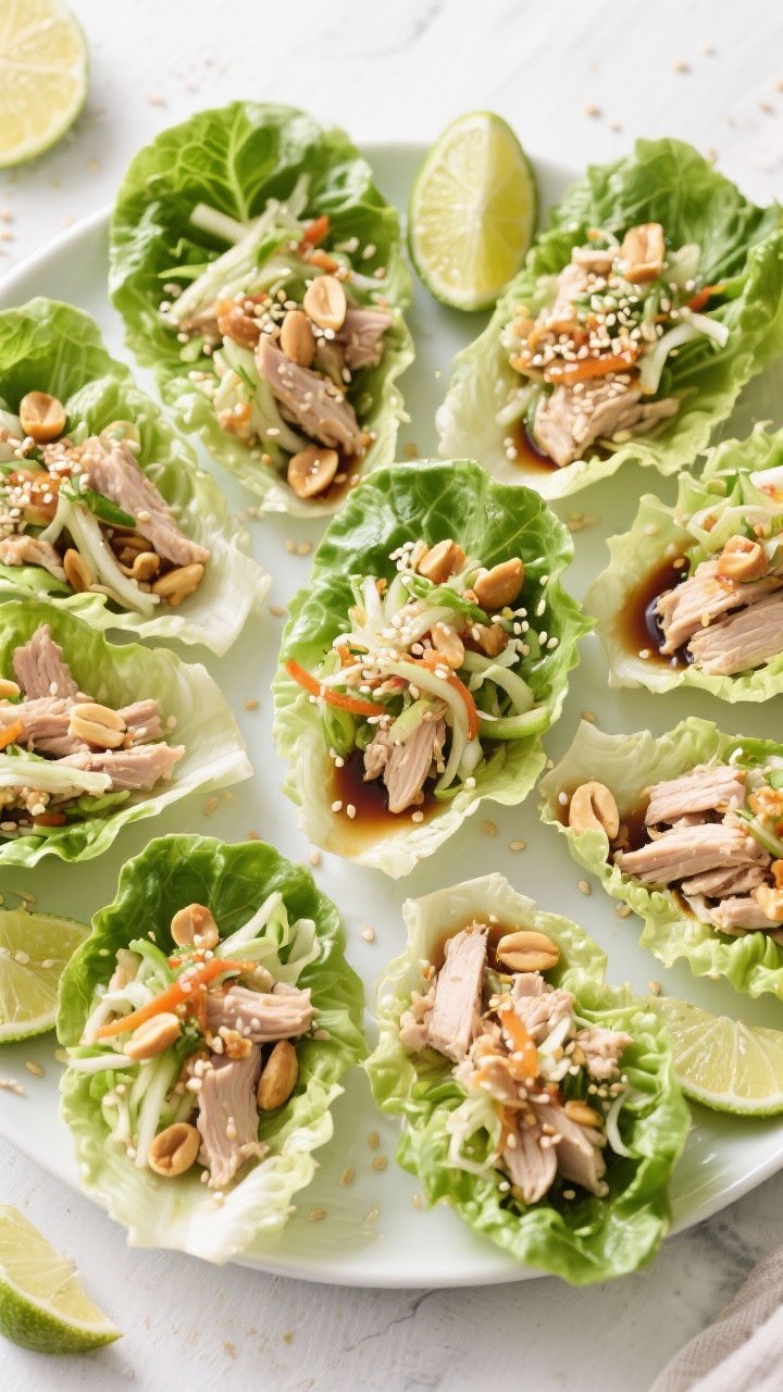 Overhead platter of sesame-ginger turkey lettuce wraps ready to serve: 8–10 large butter/Bibb lettuce leaves cupped and filled with finely chopped cooked turkey (8 oz) tossed in soy sauce (1 tbsp), sesame oil (1 tsp), grated fresh ginger (1 tsp), rice vinegar (1 tsp), honey (1 tsp), with crunchy peanut slaw on top (shredded veg with chopped peanuts), lime wedges and sesame seeds scattered; crisp, fresh, Asian-inspired styling, bright and inviting.