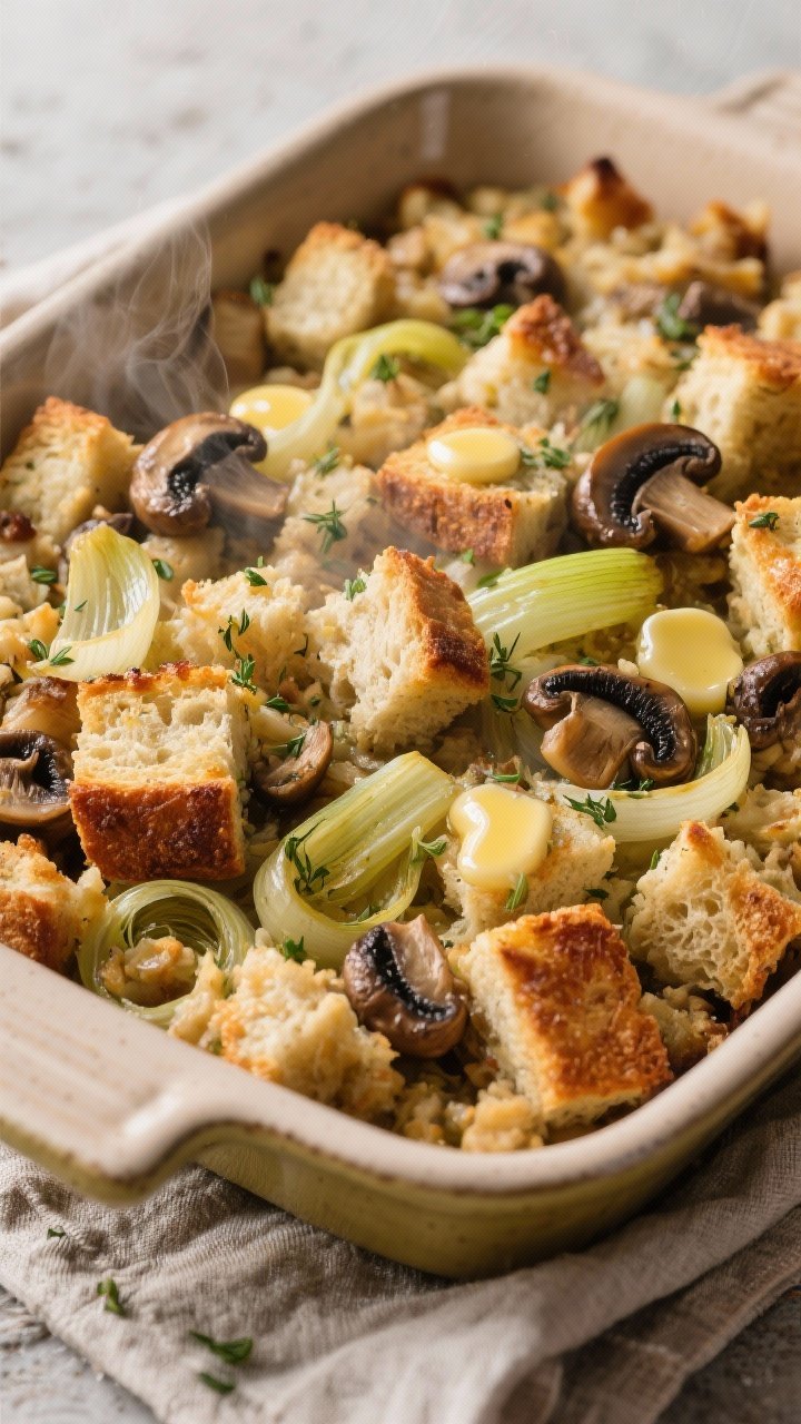 Overhead rustic casserole shot of herbed sourdough stuffing with mushrooms and leeks: golden, crisp-topped cubes of day-old sourdough, edges browned; ribbons of sautéed leek and slices of cremini mushrooms tucked throughout, dots of melted butter on the surface; steam and herb flecks visible, set in a stoneware baking dish on linen.