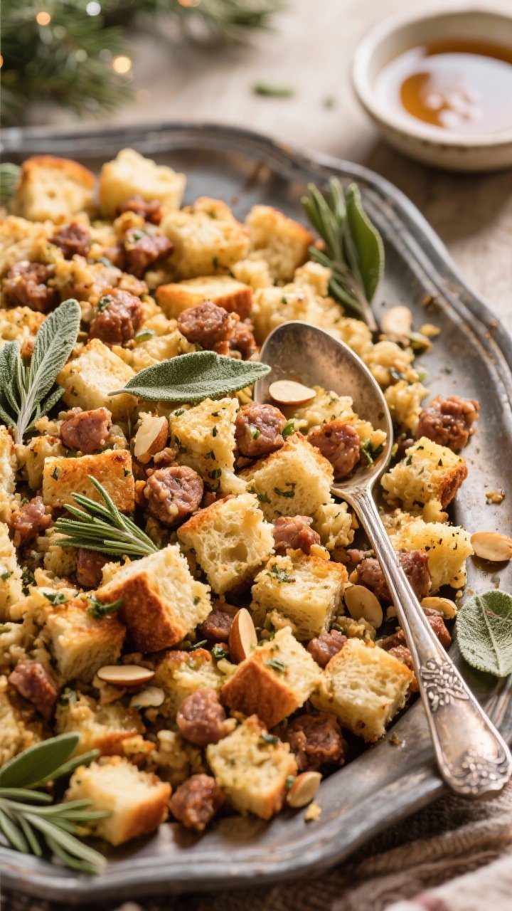 Overhead rustic platter of sage and sausage keto stuffing made with almond bread: golden toasted cubes studded with browned sausage crumbles, visible flecks of fresh sage and caramelized bits; edges crisp, interior moist; a vintage serving spoon tucked in for scale; styled with scattered sage leaves and a small bowl of pan drippings off to the side; warm, cozy holiday vibe, natural light.