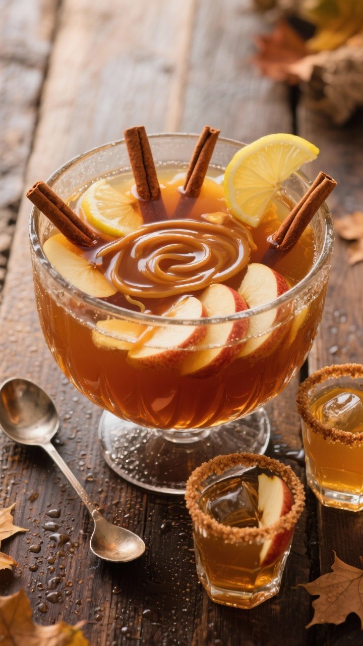 8 Thanksgiving Punch With Alcohol You’ll Want to Sip All Weekend 1 Overhead shot of a large clear glass punch bowl filled with caramel apple cider bourbon punch: chilled apple cider and ginger beer swirling with bourbon, glossy ribbons of pourable caramel sauce visible on the surface, lemon juice brightness, a hint of vanilla; four cinnamon sticks and thin apple slices floating. Styled on a rustic wood table with condensation on the bowl, a ladle, and rocks glasses garnished with cinnamon-sugar rims and apple fans. Warm, cozy autumn lighting, shallow depth of field, no people, crisp professional detail.