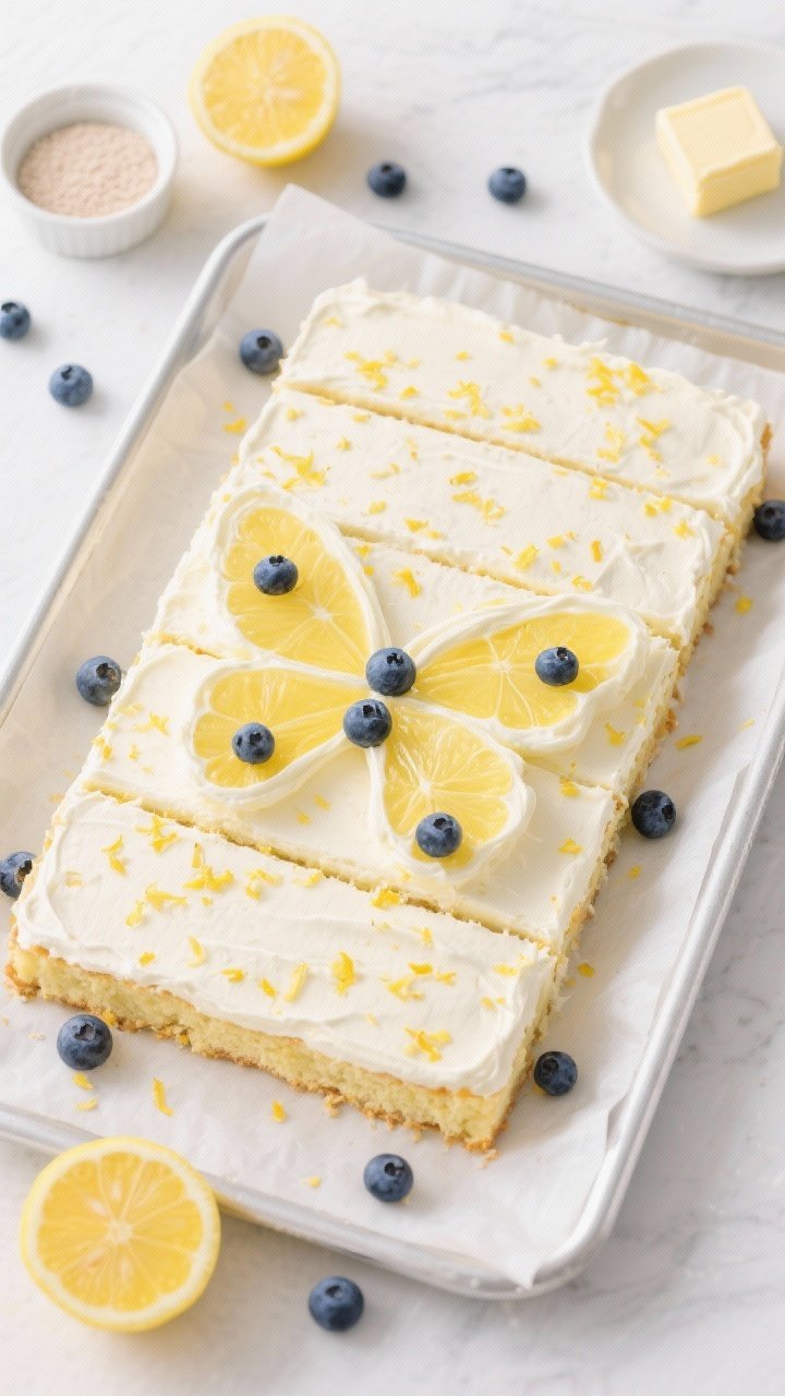 13 Creative Butterfly Cake Ideas to Spark Your Baking Passion 2 Overhead shot of a lemon-blueberry butterfly sheet cake cut into rectangles, each topped with lemon-zest buttercream and two blueberry-studded cake “wings” forming butterfly shapes; vibrant lemon zest flecks and fresh blueberries scattered; include props of halved lemons, a small dish of baking powder/soda, and softened butter; bright, tangy mood on a white enamel sheet pan with parchment.