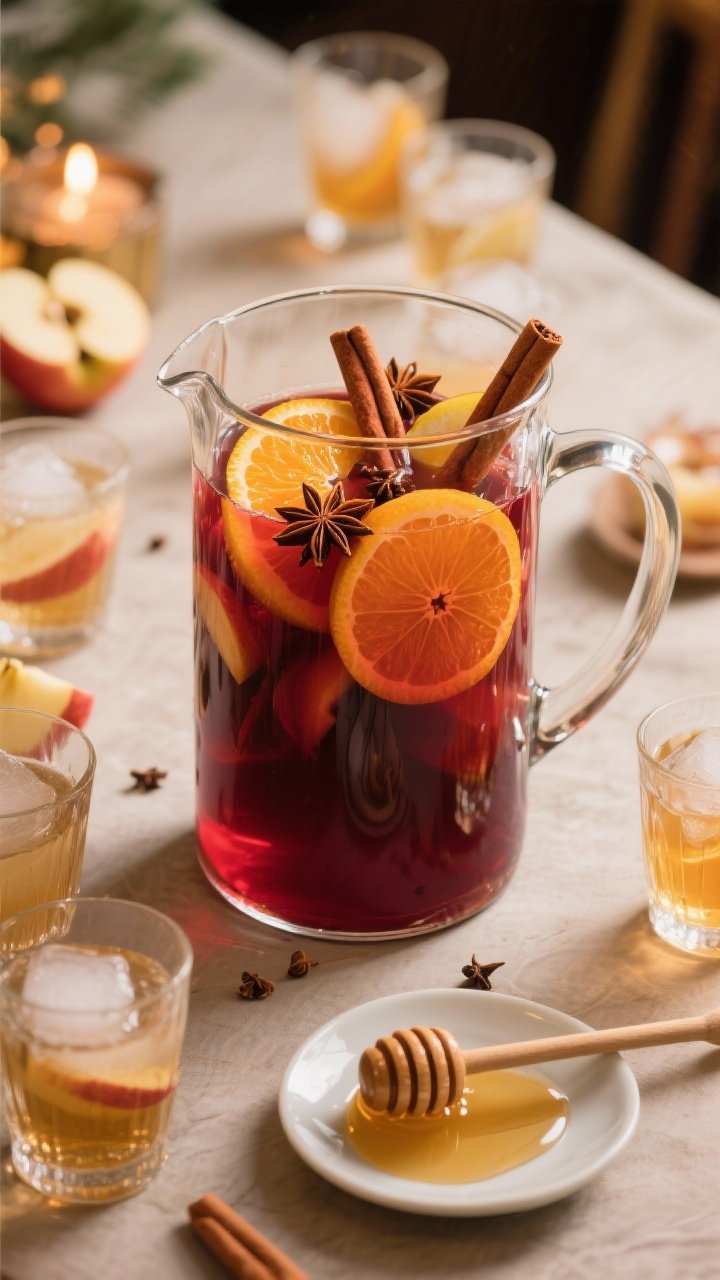 8 Thanksgiving Signature Cocktails That’ll Steal the Dinner Conversation 8 Overhead shot of a Mulled Wine Sangria pitcher scene for a crowd: large glass pitcher brimming with deep ruby red wine, brandy, orange liqueur, apple cider, and honey; visible slices of oranges, apples, and cinnamon sticks, star anise and cloves floating; surrounding short tumblers with ice and fruit wheels ready to serve; a honey dipper resting on a small dish; warm, communal tabletop styling with soft, festive ambient light.