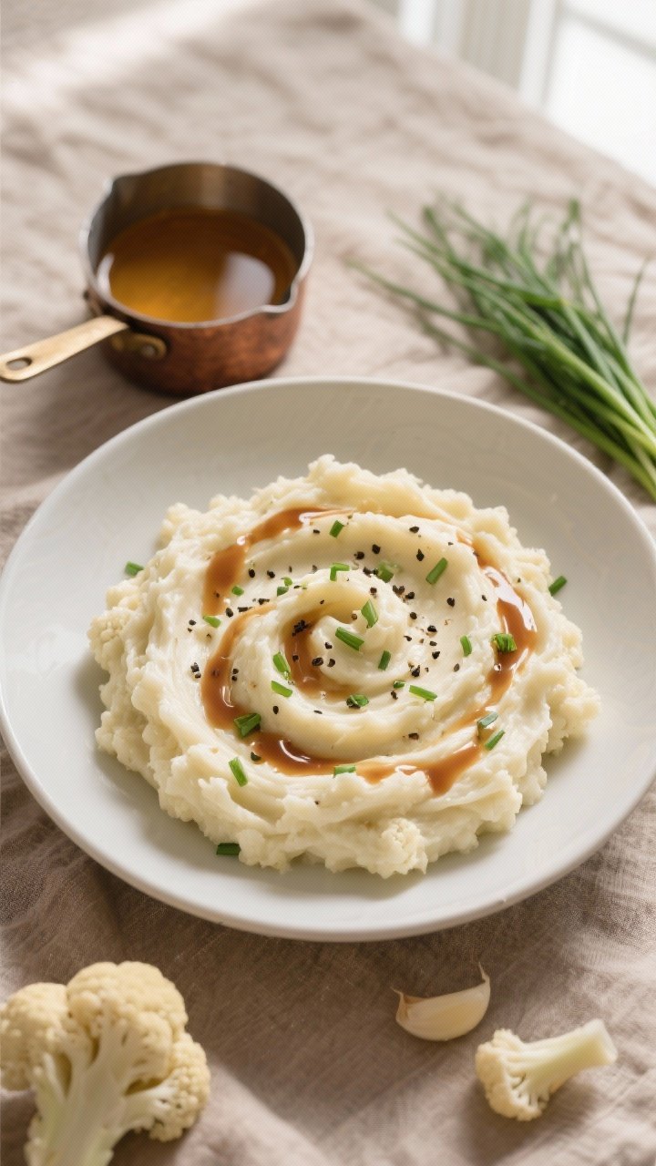 Overhead shot of a silky cauliflower mash swirled into soft peaks in a shallow matte-white bowl, finished with a generous drizzle of nutty brown butter, flecks of chopped fresh chives, and cracked black pepper; visible texture of ultra-smooth mash made from cauliflower florets enriched with cream cheese, heavy cream, and smashed garlic; styled on a warm neutral linen with a small saucepan of browned butter and a bundle of chives to the side, soft natural window light, high contrast, no people.