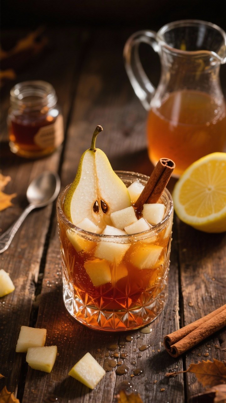 8 Thanksgiving Signature Cocktails That’ll Steal the Dinner Conversation 1 Overhead shot of a Spiced Pear Bourbon Smash in a heavy rocks glass on a rustic wood table: muddled diced ripe pear visible at the base, rich amber bourbon, a faint blush from Angostura bitters, and a lemony sheen; garnished with a thin pear fan and a small cinnamon stick; side props include a halved lemon, simple syrup in a glass pitcher (with a maple syrup jar nearby), a bar spoon, and scattered pear dice; warm, moody fall lighting with soft shadows, condensation on the glass for an inviting, cozy vibe.