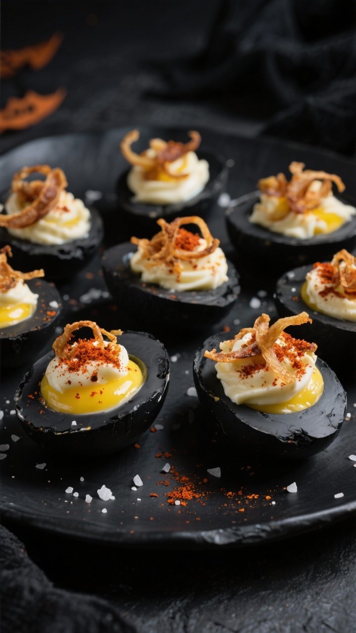 10 Halloween Appetizers for Party Adults That Bring Spooky-chic Flavor 1 Overhead shot of Black Magic Deviled Eggs: halved charcoal-dyed egg whites filled with a creamy yolk mixture of mayonnaise, Dijon mustard, lemon juice, garlic powder, and smoked paprika, topped with extra smoked paprika and a tangle of crispy fried shallots; arranged on a matte black platter with flaky kosher salt sprinkled, moody low-key lighting, deep shadows, and a dark slate background for a dramatic Halloween vibe.