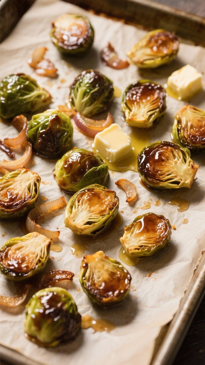 Overhead shot of brown butter maple-glazed Brussels sprouts on a parchment-lined sheet pan: halved Brussels sprouts caramelized and glossy with pure maple syrup and apple cider reduction, scattered with ultra-crispy thinly sliced shallots; visible knobs of unsalted butter melting, a drizzle of olive oil sheen, warm autumnal tones, high contrast, shallow shadowing for texture, no people.