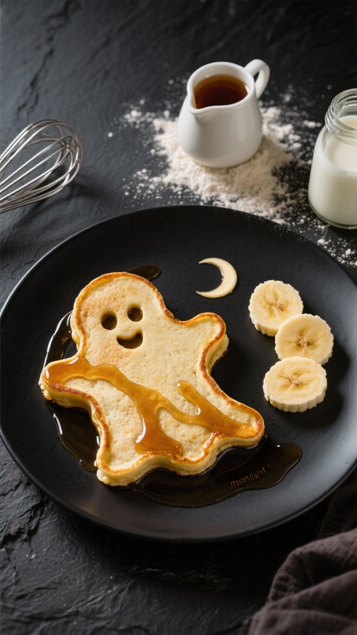 Overhead shot of ghost-shaped banana pancakes on a matte black plate, golden edges and fluffy texture visible, drizzled with glossy maple “moonlight” syrup pooling like crescent shapes; ripe banana slices and a small pitcher of maple syrup to the side, flour dusting on a dark slate surface, ingredients hinted with a whisk and buttermilk jar in frame, moody morning light.