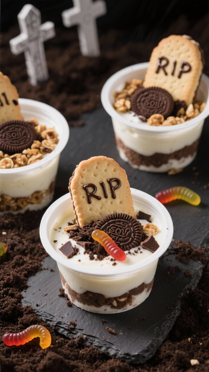 Overhead shot of graveyard yogurt cups: vanilla Greek yogurt layered with granola and crushed chocolate sandwich cookie “soil,” Milano cookie tombstones standing upright with “RIP” written in melted chocolate; gummy worms peeking from the soil, minimal white bowls on a dark slate for contrast.