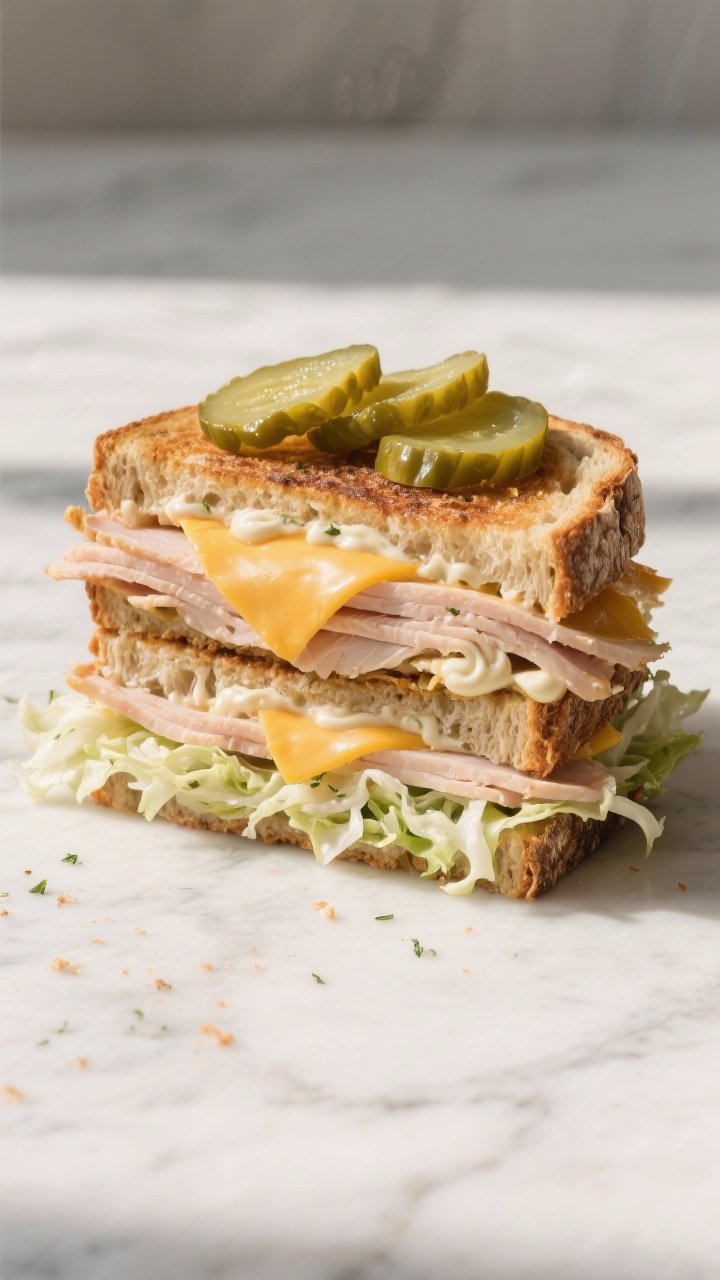 Overhead shot of The Ultimate Deli-Stack on a neutral marble surface: two slices hearty sourdough toasted, stacked with thinly sliced deli turkey (3–4 oz), sharp cheddar slices peeking out, a generous layer of herbed mayo swirled on the cut surfaces, 4–6 butter or bread-and-butter pickle chips glistening, and a fluffy pile of shredded iceberg or romaine adding sweet-hot crunch; clean cross-section visible with crumbs, bright, natural window light, crisp textures, no people.