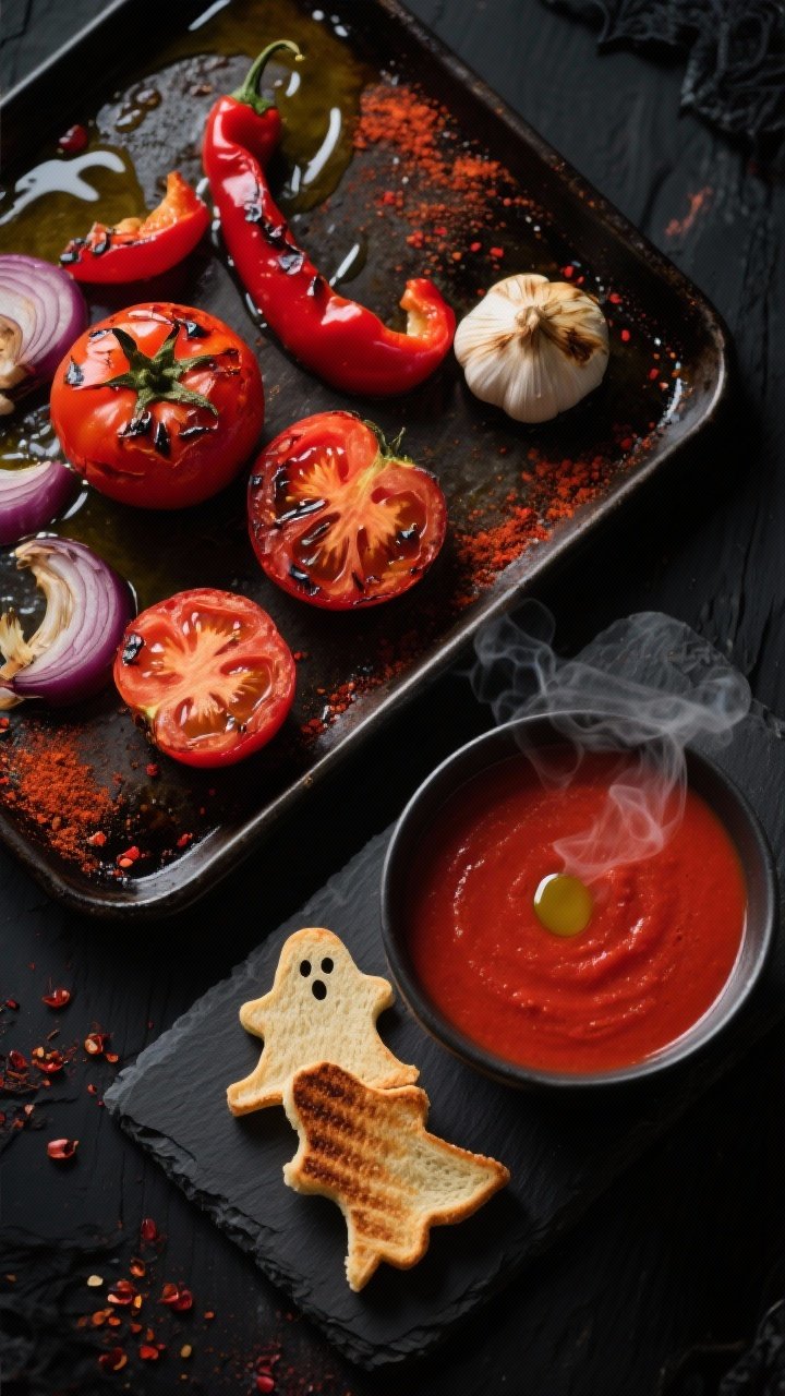 Overhead shot of Vampire’s Kiss roasted tomato soup: blistered halved ripe tomatoes, quartered red bell pepper and red onion, and unpeeled roasted garlic on a dark sheet pan glistening with olive oil, dusted with smoked paprika and crushed red pepper; next to a steaming bowl of velvety red soup with a drizzle of olive oil. Include ghost-shaped grilled cheese dippers with browned edges on a slate board, spooky mood lighting, black backdrop, no people, professional styling.