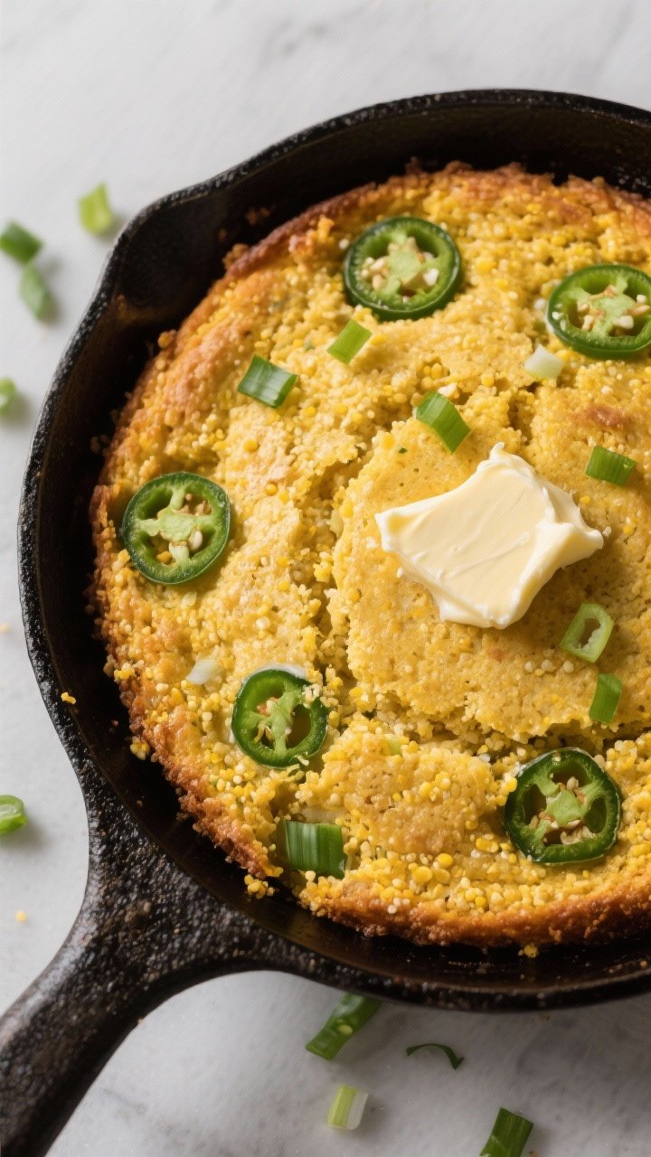 Overhead skillet scene of cornbread-jalapeño: golden, craggy top baked in cast iron, studded with sliced jalapeños; crumb shows a tender mix from cornmeal, flour, buttermilk, eggs, sugar, baking powder, baking soda, and salt; pat of melting scallion butter on the surface, a few chopped scallions sprinkled around.