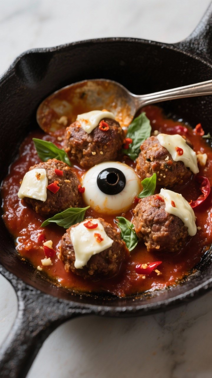 Overhead skillet shot of Eyeball mozzarella meatball arrabbiata: browned meatballs (ground beef and Italian sausage with breadcrumbs, Parmesan, egg, garlic, Italian seasoning) nestled in a smoky arrabbiata sauce, each topped with a melted mozzarella slice “eyeball” and a black olive slice “pupil.” Red chili flakes visible, torn basil for contrast, glossy sauce with spoon trails in a black cast-iron pan.