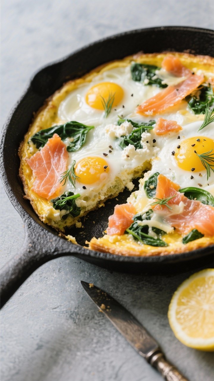 Overhead skillet shot: Savory smoked salmon egg white frittata baked in a black cast-iron pan, featuring silky egg whites and whole eggs swirled with cottage cheese for creaminess; ribbons of chopped smoked salmon, baby spinach, and optional melted Gruyère forming golden, bubbly pockets. Garnished with fresh dill and cracked black pepper, a wedge cut to reveal moist layers; set on a cool slate surface with a vintage knife and lemon wedge nearby, clean, airy color palette of coral salmon and verdant greens.