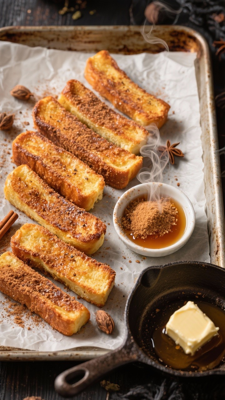 Overhead tray shot of haunted French toast sticks: thick brioche batons, golden and cinnamon-speckled, coated in cinnamon sugar dust; small bowl of extra cinnamon sugar and a dish of maple syrup for dipping; steam hinting warmth, nutmeg flecks visible, arranged on a parchment-lined baking sheet with a rustic buttered skillet in the corner.