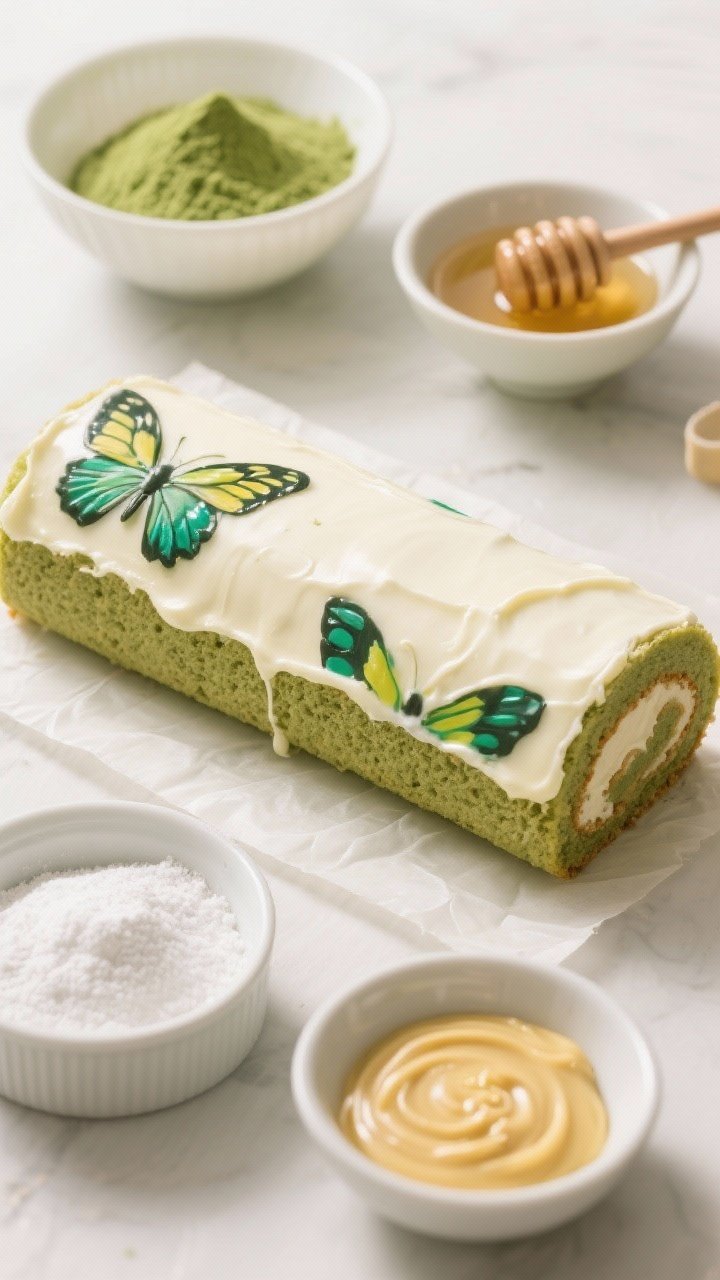 13 Creative Butterfly Cake Ideas to Spark Your Baking Passion 10 Process-focused overhead of a matcha roll cake pre-roll: rectangle sponge spread with melted white chocolate ganache filling, edges trimmed; painted butterfly wing patterns in gel colors baked into the exterior; bowls with matcha, honey, and pattern paste ingredients (powdered sugar, melted butter) arranged neatly; clean lines, bright top light.