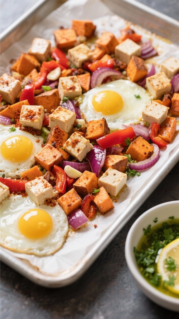 Sheet-pan process shot at 45 degrees: Tofu and veggie hash on a parchment-lined sheet pan—extra-firm tofu cubes, 1/2-inch diced sweet potatoes, chopped red bell pepper, and sliced red onion tossed with olive oil, smoked paprika, garlic powder, salt, and pepper, edges caramelizing. Two eggs cracked into small wells, whites just set, yolks glossy. A small bowl of herby green drizzle (parsley-cilantro-lemon) in the corner ready to spoon on; vibrant colors, crisp textures, oven-fresh warmth.