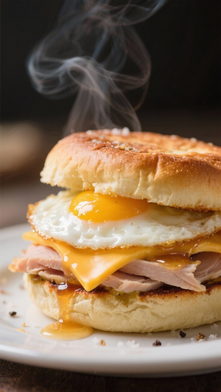 Straight-on breakfast sando close-up on a toasted brioche bun/English muffin: glossy fried egg with set whites and a jammy yolk, slice of cheddar or American melting over 3 oz turkey, Dijon and pure maple syrup whisked together and visibly drizzled, a light butter sheen on the bun; pinch of salt and pepper visible, gentle morning light with steam rising for cozy breakfast appeal.