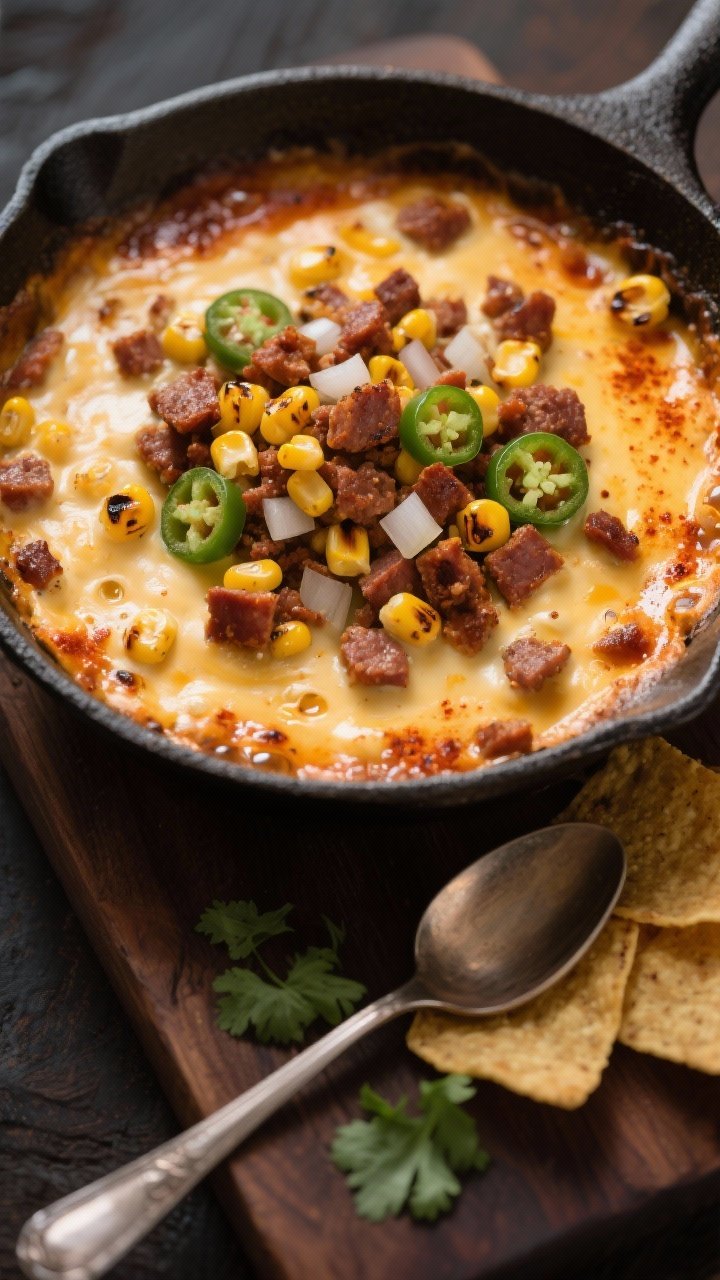 10 Halloween Appetizers for Party Adults That Bring Spooky-chic Flavor 9 Straight-on, bubbling skillet shot of Charred Corn and Chorizo Cauldron Queso: browned Mexican chorizo crumbles with blistered corn kernels, finely chopped onion, and minced jalapeño folded into molten cheese; surface lightly charred and bubbling, oily paprika-tinted pools; cast-iron skillet on a dark wood board with warm tortilla chips and a spoon, cilantro sprinkle for color contrast.