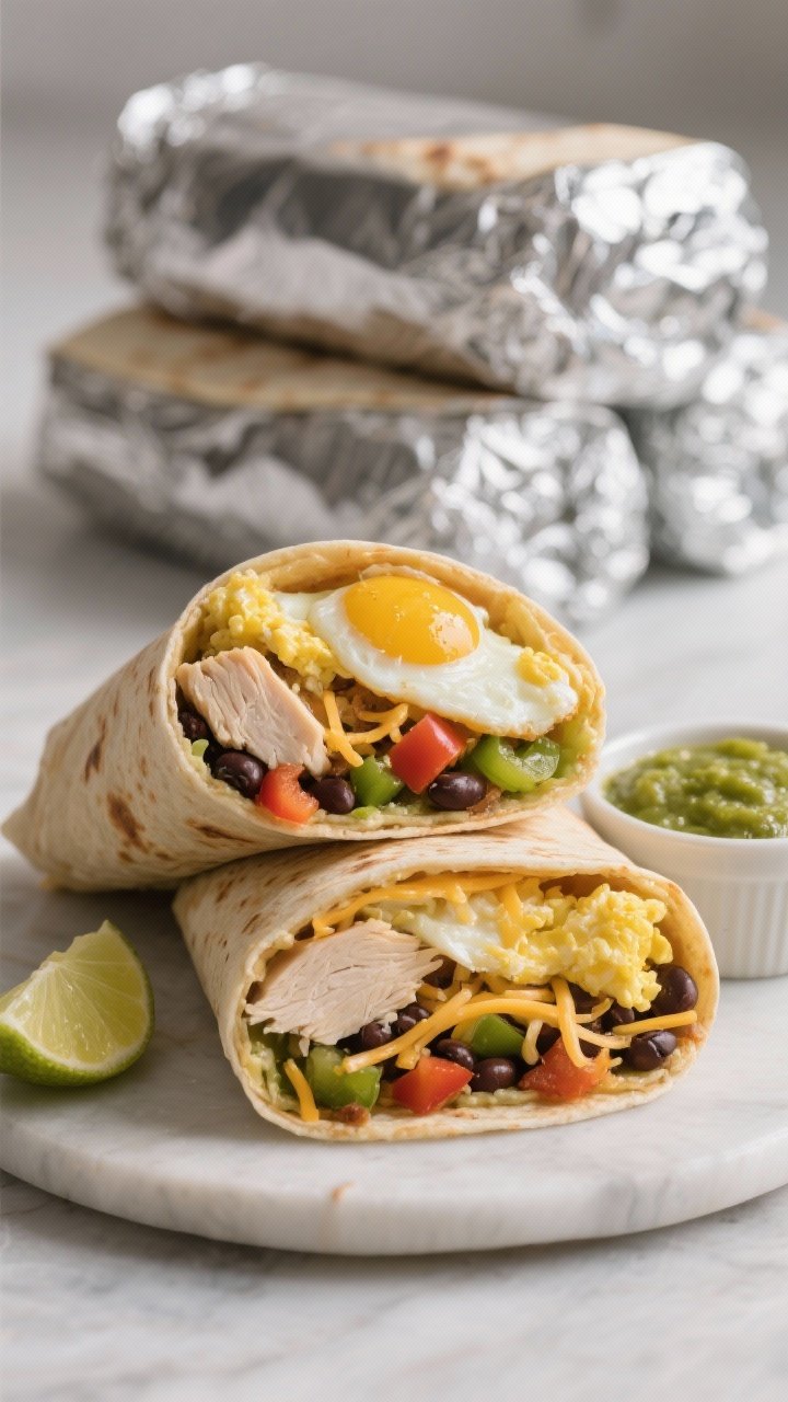 Straight-on burrito cross-section: Protein-packed breakfast burrito sliced open to reveal layers—scrambled eggs and egg whites, diced cooked chicken breast, pinto or black beans, diced bell peppers, and a modest sprinkle of shredded cheese, all wrapped in a warm flour tortilla. A few wrapped foil burritos stacked in background to suggest freezer stash. Salsa verde ramekin and lime wedge on the side, tight crumb, melty cheese strands, clean, efficient composition for meal-prep appeal.