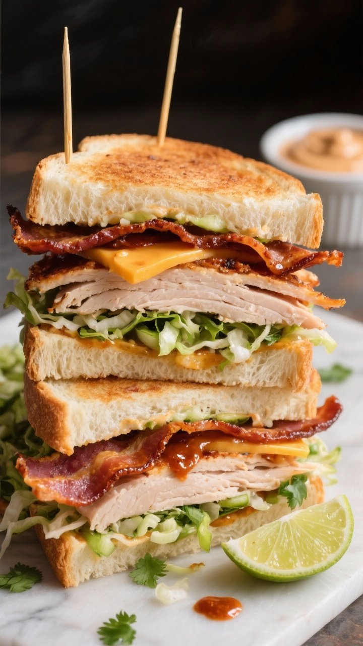 Straight-on close-up of a towering smoky chipotle turkey club on thick toasted white bread/Texas toast: three layers with turkey (4–5 oz), three strips of shatter-crisp bacon, a slice of pepper jack, and a vibrant lime slaw (finely shredded cabbage, chopped cilantro, glossy chipotle-lime dressing) spilling at the edges; toothpicks holding the stack, a ramekin of chipotle mayo in background, dramatic side-light to emphasize crunch and smoke.