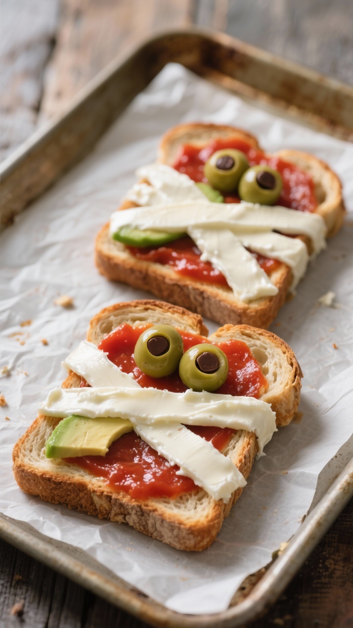 Straight-on close-up of mummy toast: sourdough slices spread with a thin layer of marinara “red base,” crisscrossed with cream cheese “bandages,” mozzarella strips tucked in, optional thin avocado slices peeking through; two olive or chocolate chip “eyes” set under bandages for each, on a parchment-lined baking sheet, rustic kitchen backdrop.