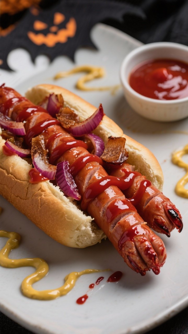 Straight-on close-up of Severed Finger hot dogs: hot dogs carved with knuckle lines and a fingernail bed, tucked into buns, topped with glossy “bloody” ketchup streaks and sweet-savory sautéed red onions lacquered with brown sugar and balsamic vinegar. Mustard squiggle on the plate, a small bowl of hot sauce nearby. Dark, playful Halloween backdrop, shallow depth of field.