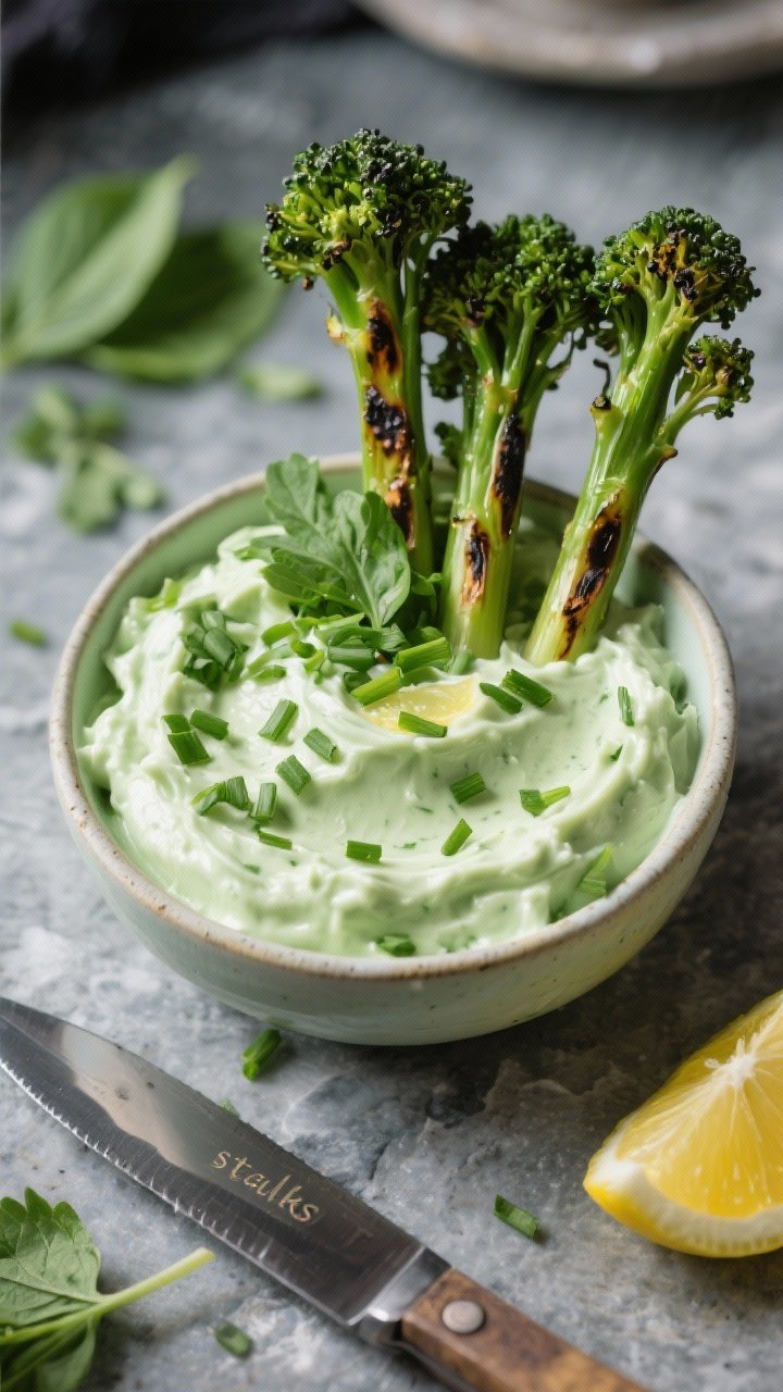 10 Halloween Appetizers for Party Adults That Bring Spooky-chic Flavor 3 Straight-on close-up of Witchy Green Goddess Dip in a shallow bowl: ultra-creamy pale green dip made from Greek yogurt, mayonnaise, avocado, and a heap of fresh herbs (basil, parsley, chives, cilantro) with lemon juice; served with charred broccolini “stalks” standing upright for dipping, light char marks visible; garnished with chopped chives and herb leaves, set on a cool stone surface with a knife and lemon wedge.