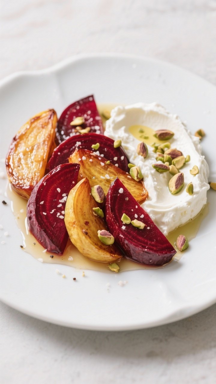 Straight-on composed plate of honey-roasted beets with whipped feta: mix of red and golden beet wedges, glossy with honey and a hint of balsamic vinegar, sprinkled with kosher salt and pepper; a swoosh of airy whipped feta on the plate, crushed pistachios scattered over, color contrast vivid, minimal garnish.