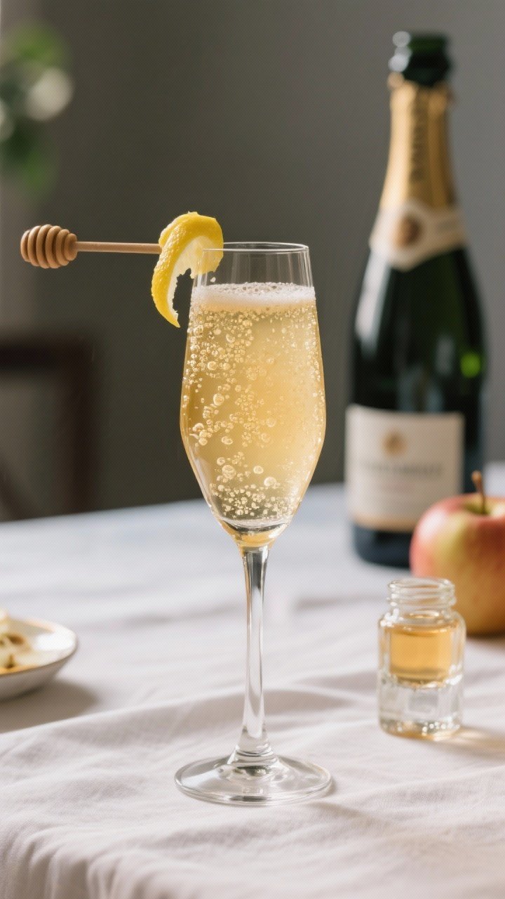 8 Thanksgiving Signature Cocktails That’ll Steal the Dinner Conversation 4 Straight-on, elegant presentation of a Sparkling Apple Cider 75 in a slender flute: fine streams of bubbles rising through a pale golden apple-cider tint; a delicate lemon twist clipped on the rim, tiny honey syrup jar and a short pour of gin (or apple brandy) in the background; chilled apple cider and a dry sparkling wine bottle partially out of frame; cool, airy lighting on a linen-draped table to evoke celebratory sophistication.
