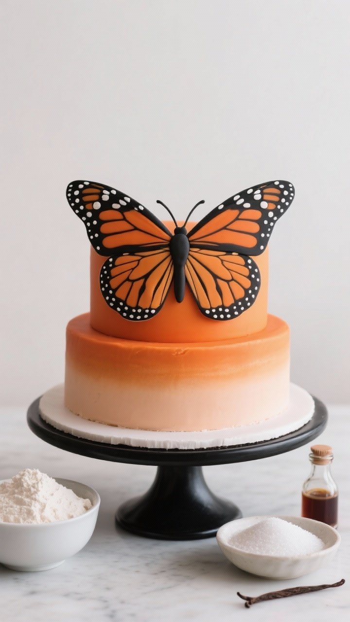 13 Creative Butterfly Cake Ideas to Spark Your Baking Passion 6 Straight-on fondant showcase: monarch-inspired butterfly cake with smooth orange ombre fondant fading from deep tangerine to pale peach, black piping to mimic wing veining, white dot detailing; clean edges and sharp tiers; ingredients suggested by a bowl of cake flour and a dish of granulated sugar, plus vanilla extract bottle; high-key backdrop with a black cake stand for contrast.