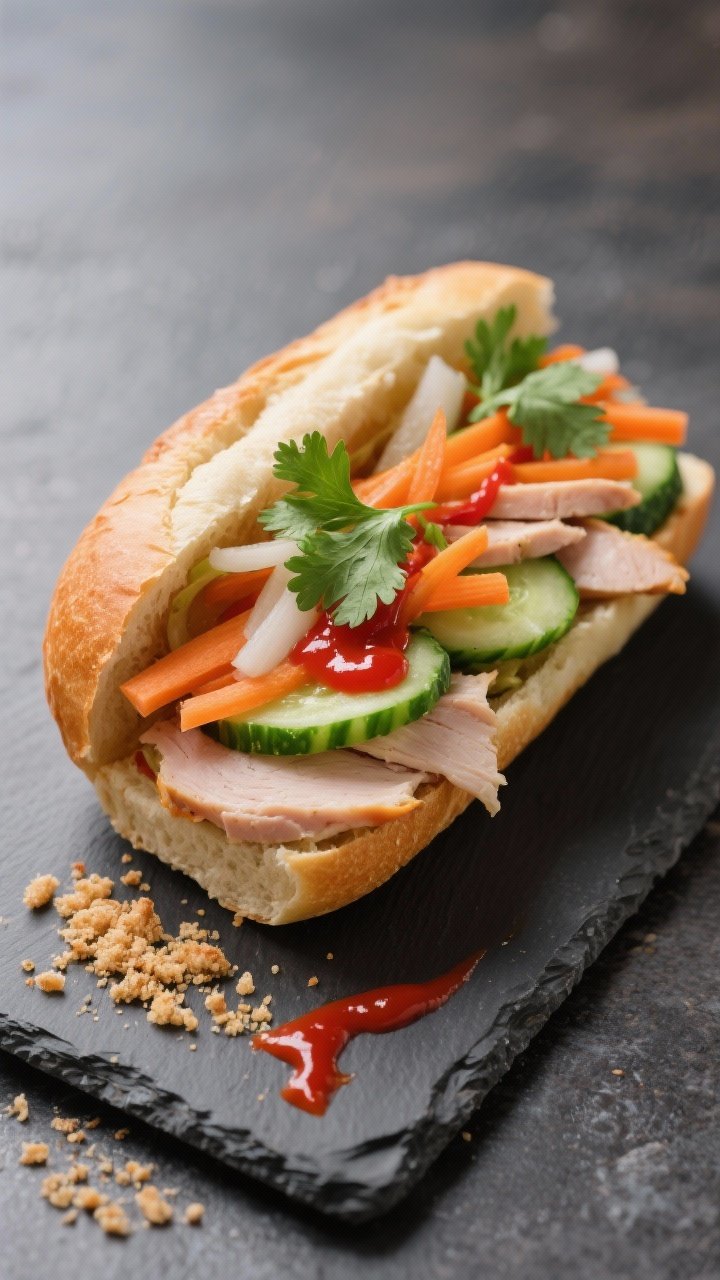 Straight-on hero shot of a banh mi–inspired turkey sub on a lightly toasted small baguette: thinly sliced turkey (4–5 oz), stuffed with quick-pickled carrots and daikon (or carrots and cucumber) showing glossy brine, extra cucumber slices, fresh herbs (cilantro), and a generous swipe of sriracha mayo; crisp crust crumbs on slate board, vibrant contrast of orange, green, and creamy red, clean modern Vietnamese street-food vibe.