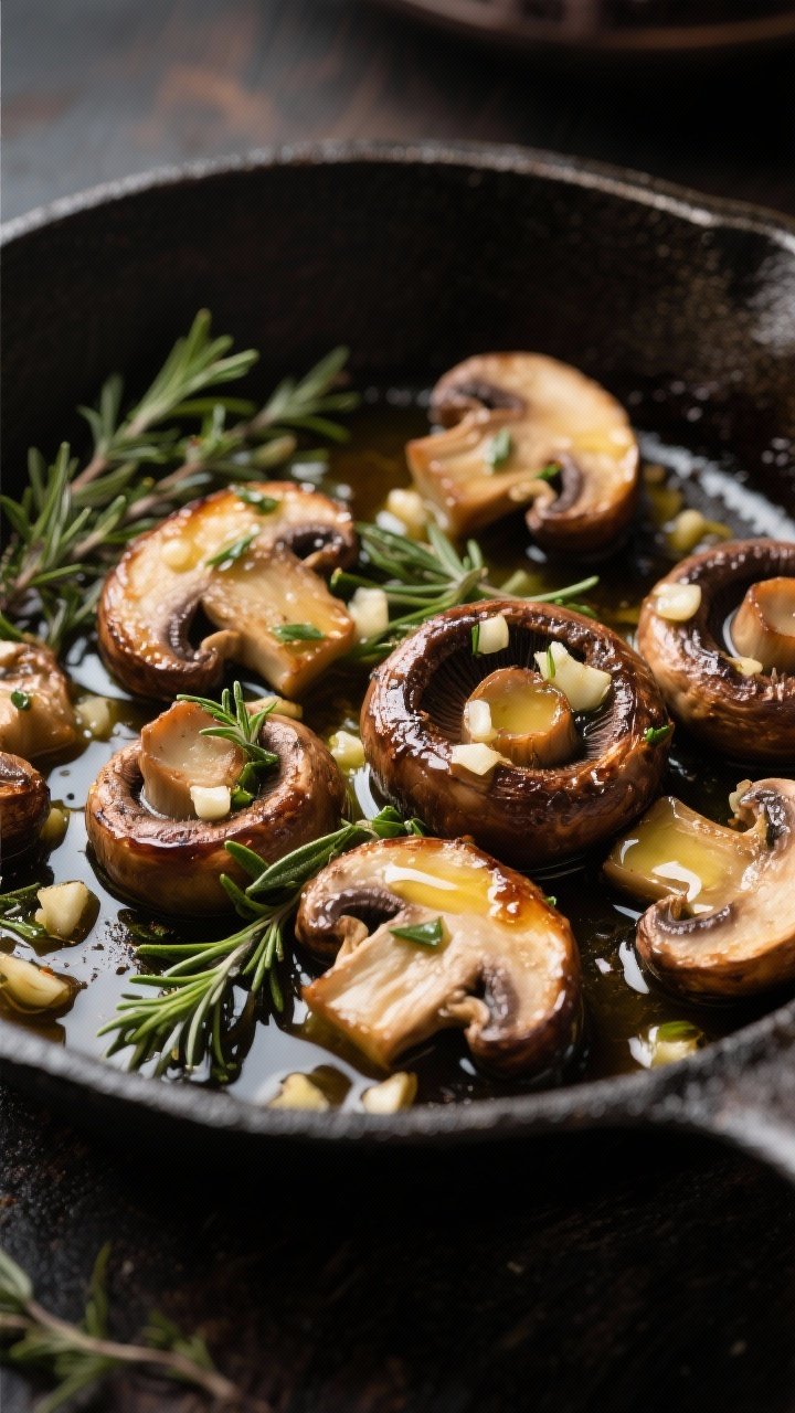 Straight-on, low-angle shot of herb-roasted cremini mushrooms in a cast-iron skillet: halved caps deeply browned, coated in olive oil and melted butter, studded with minced garlic and fresh thyme leaves; a deglaze sheen hinting at sherry clinging to the mushrooms; finishing sprinkle of thyme and a light butter gloss, dramatic side lighting to accentuate meaty texture and savory caramelization, no people.