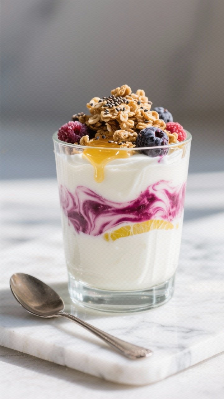 Straight-on parfait build: High-protein Greek yogurt parfait in a clear glass, showcasing distinct layers—plain Greek yogurt whisked with vanilla protein powder and a kiss of lemon juice, swirled with frozen mixed berries bleeding magenta juices, a touch of honey gloss. Topped with high-protein granola clusters and chia flecks; a chilled spoon rests beside on a marble slab. Focus on creamy textures, berry-stained ripples, and crunchy contrast, bright morning vibes, no people.