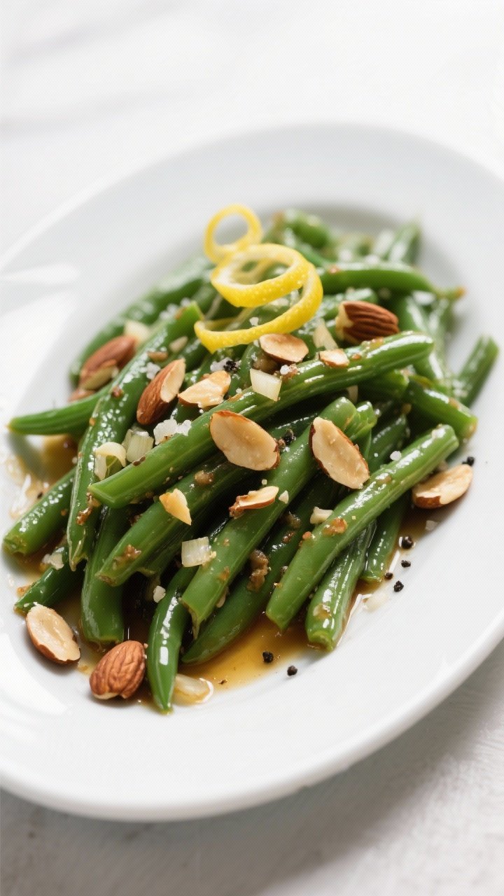 Straight-on plated Green Beans Almondine: vibrant green, just-tender beans piled on a white oval plate, glossed with browned butter, topped with toasted sliced almonds and minced shallot; lemon zest curls and a squeeze of lemon juice glinting, kosher salt and black pepper specks visible, clean, bright, bistro-style composition.