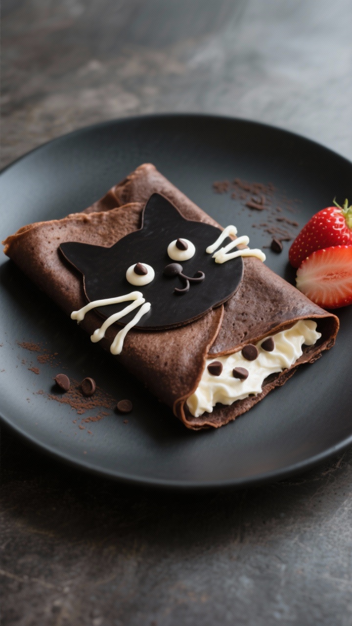 Straight-on plated presentation of black cat chocolate crepes: ultra-thin cocoa crepes folded and cut to form cat silhouettes, filled with whipped cream or vanilla yogurt peeking at the edges; vanilla “whiskers” piped across, chocolate chip “eyes,” and sliced strawberries tucked alongside; matte dark plate with soft side light for sheen.
