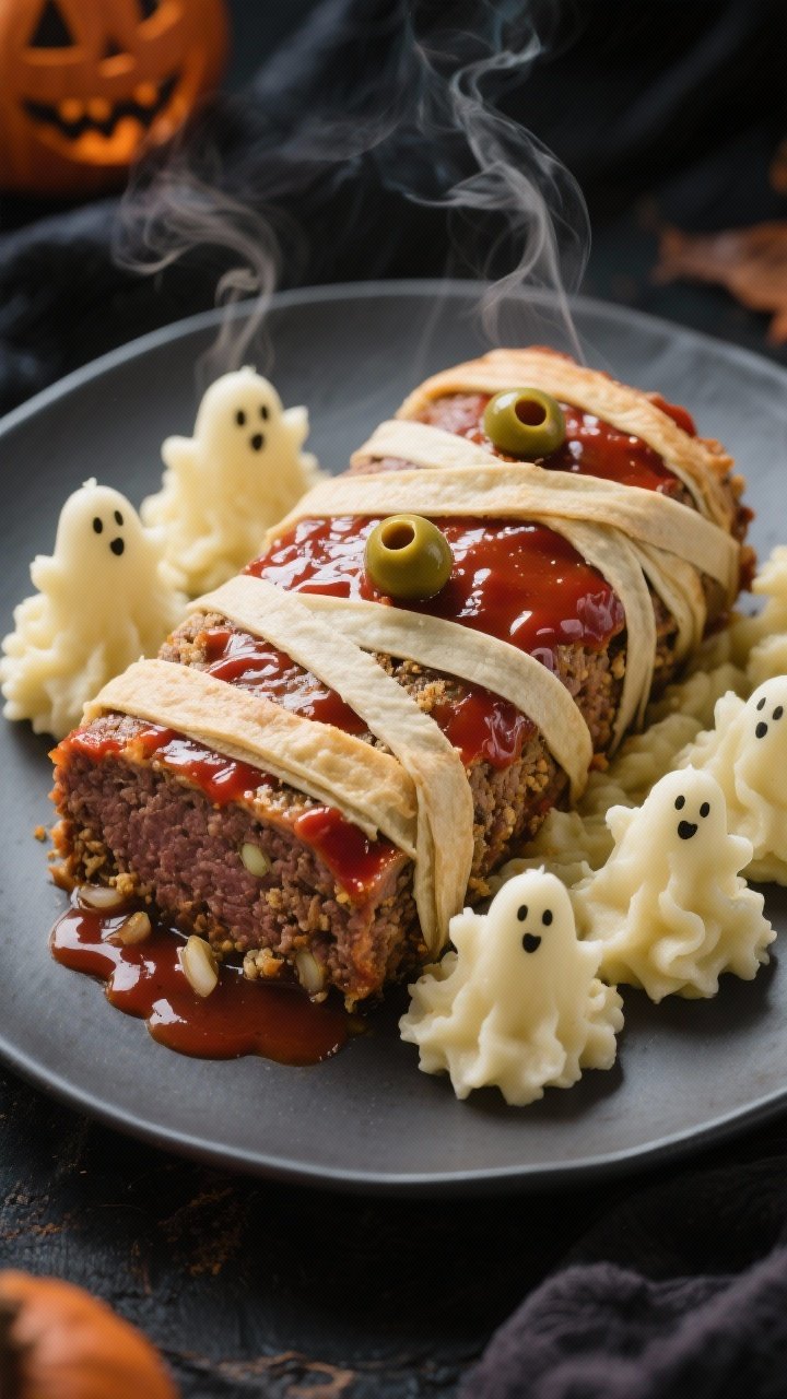 Straight-on plated scene of Mummy Meatloaf with Mashed Boo-tatoes: a glossy ketchup-Worcestershire brushed meatloaf (ground beef and pork, flecked with onion and garlic, bound with breadcrumbs, milk, and egg) wrapped in thin “bandage” strips of pastry or mashed potato piping to create a mummy look, with two olive “eyes.” Surround with creamy piped mashed potatoes shaped like little ghosts, steam visible, on a matte charcoal plate, moody Halloween props subtly blurred.