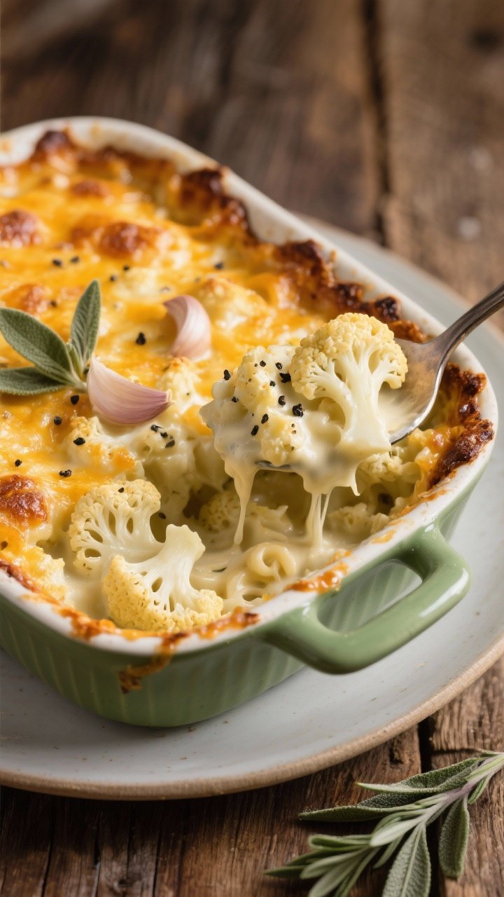 Straight-on plated shot of a bubbling cheesy cauliflower “mac” bake in a sage-green casserole dish: bite-size cauliflower florets smothered in a creamy gruyère cheese sauce scented with garlic and fresh sage; top layer golden and blistered with browned cheese frills along the edges, coarse black pepper visible; a serving spoon lifting a portion to showcase gooey pull and sauce-coated florets; rustic wood table and a sprig of sage nearby.