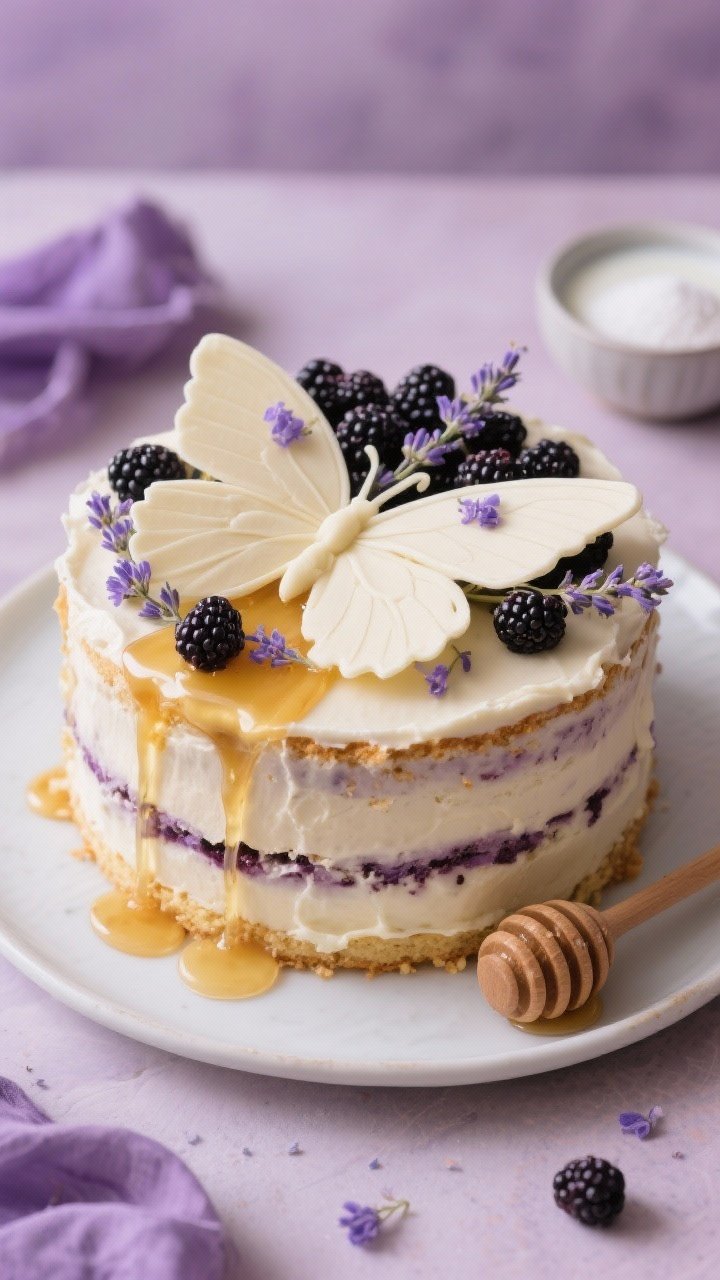 13 Creative Butterfly Cake Ideas to Spark Your Baking Passion 9 Straight-on semi-naked blackberry-lavender butterfly cake: lightly frosted sides showing layers, honey drip cascading, butterfly “wings” crafted from thin cake shards and fresh blackberries; lavender sprigs tucked into frosting, honey dipper resting on plate; include a small bowl of buttermilk and granulated sugar in the background; soft, romantic light with purple accents.