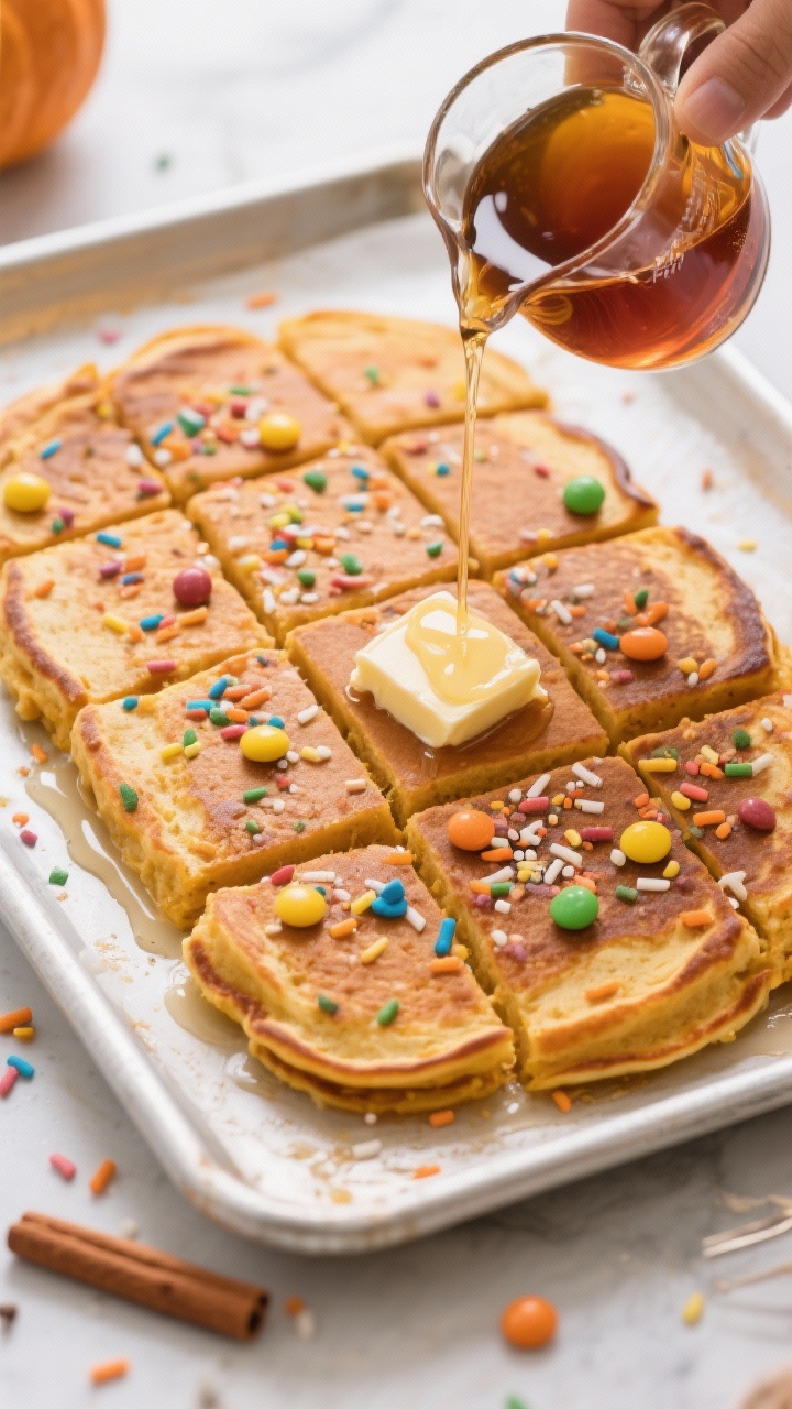 Straight-on sheet-pan scene of pumpkin spice pancakes: a large, evenly baked pumpkin batter slab (pumpkin purée, buttermilk, eggs, pumpkin pie spice) sliced into squares, sprinkled with colorful candy “confetti” scattered over the top; a pitcher of maple syrup mid-pour, soft pat of butter melting on a square, bright morning vibe.