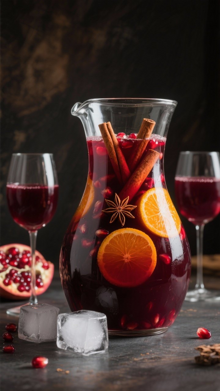 8 Thanksgiving Punch With Alcohol You’ll Want to Sip All Weekend 5 Straight-on shot of a spiced red wine sangria punch in a wide glass carafe: deep garnet dry red wine infused with brandy and orange liqueur, pomegranate juice for richness, lightly sweetened with demerara. Visible orange rounds, pomegranate arils, cinnamon sticks, and perhaps a star anise tucked inside. Two stemless wine glasses in front with large ice cubes. Dramatic side light to highlight ruby tones and spice, dark rustic backdrop, sharp clarity.