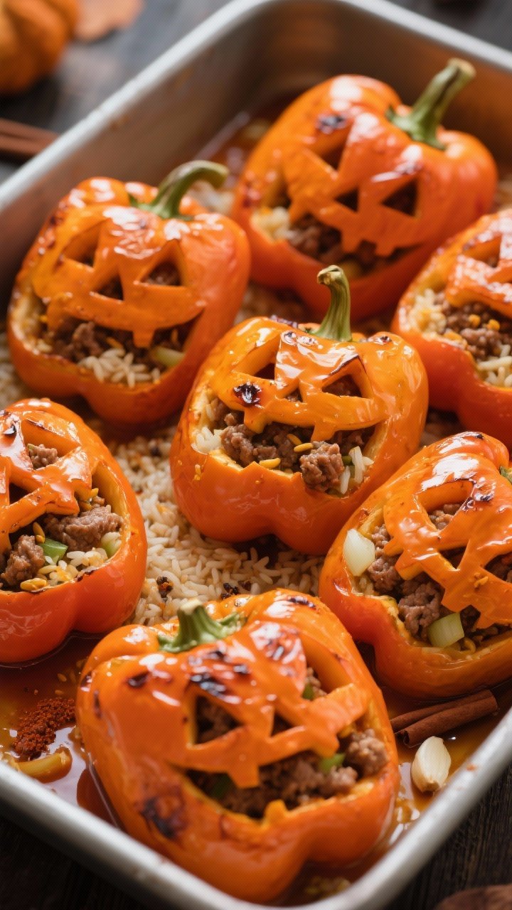 Straight-on shot of Jack-O’-Lantern stuffed peppers: six carved orange bell peppers with jack-o’-lantern faces, roasted until glossy, filled with spiced ground turkey, diced onion, garlic, cumin, smoked paprika, cinnamon, and fluffy cooked rice. Filling peeks through “mouths” and “eyes,” a few grains crisped at the edges. Arrange in a baking dish with a light tomato sheen, warm autumnal color palette.